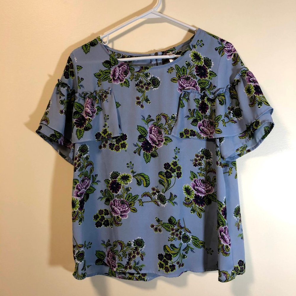 Xhilaration Blue Floral Ruffle Blouse